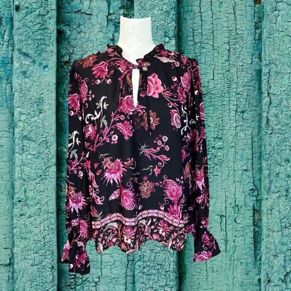 I.N.C. Long Sleeve Sheer Floral Blouse Black/Cranberry Size XL - Picture 9 of 10